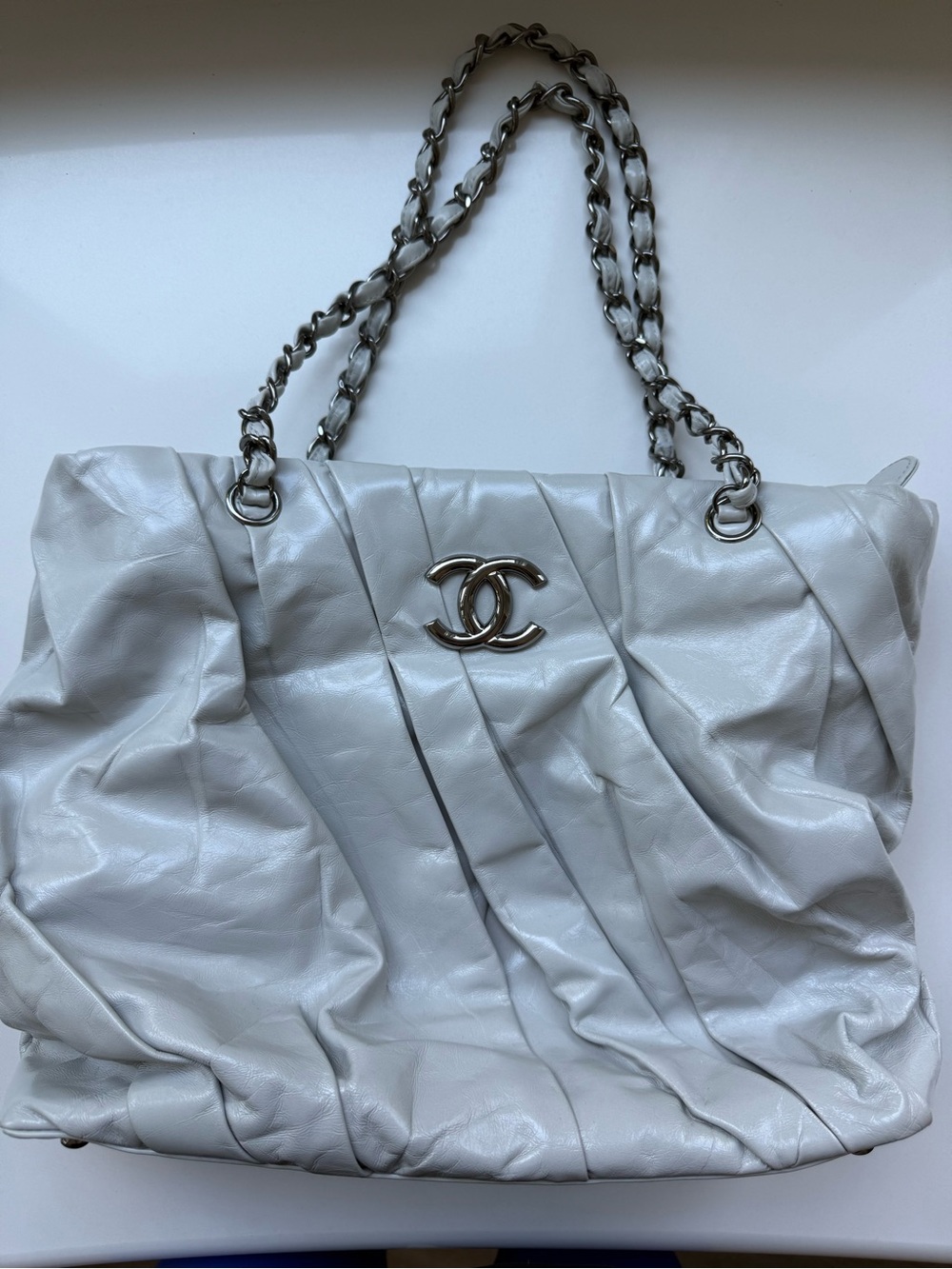 CHANEL Glazed Aged/ Calfskin Timeless CC Pleated Large Tote